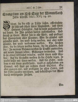 Evangelium am Fest-Tage der Himmelfarth Jesu Christi. Marc. XVI, 14-20