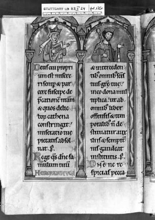 Psalterium (sogenannter Landgrafenpsalter) — Litaneiseite, unter den Bögen das Königspaar von Ungarn, Folio 175verso