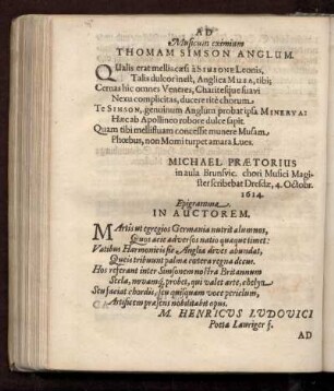 Widmungsgedicht auf Thomas Simpson von Michael Praetorius; Epigramm von Henricus Ludovicus