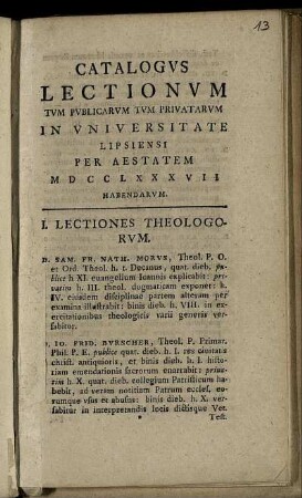 1787: Catalogus Lectionum Et Publicarum Et Privatorum In Universitate Lipsiensi ... Habendarum