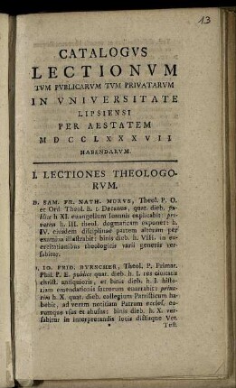 1787: Catalogus Lectionum Et Publicarum Et Privatorum In Universitate Lipsiensi ... Habendarum