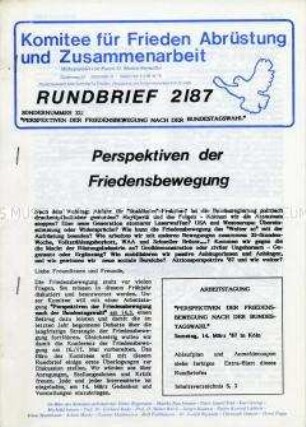 Mitteilungsblatt (Rundbrief) des Koordinierungsausschusses der Friedensbewegung u.a. zur Abrüstung von Atomwaffen und dem SDI - Programm der USA und zum Aktionsplan der Friedensbewegung für das Jahr 1987 - Sachkonvolut