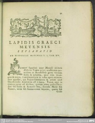 Lapidis Graeci Metensis Explanatio Ad Historiae Metensis T. I. Tab. XV.