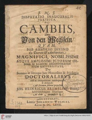 Disputatio Inauguralis Iuridica, De Cambiis, Oder Von den Wechseln
