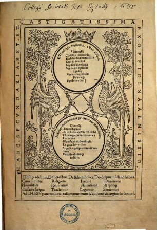 Dionysij Coelestis hierarchia, Ecclesiastica hierarchia, Diuina nomina, Mystica theologia, Vndecim epistolae