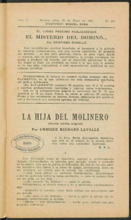 1921005185: La hija del molinero : (novela inédita original)
