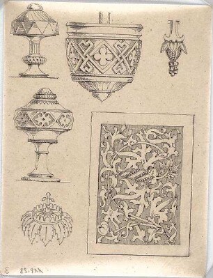 Voit, August von; Kapelle - Taufbecken - Entwurf (Ansicht, Details); Pflanzenornament (Detail)