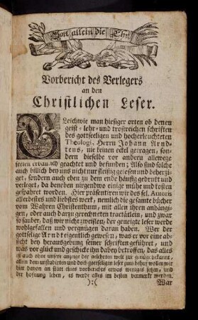 1r, Vorbericht des Verlegers an den Christlichen Leser