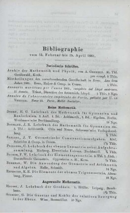 Bibliographie vom 15. Februar bis 15. April 1861.