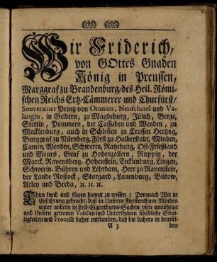Wir Friedrich, von Gottes Gnaden König in Preussen, ...