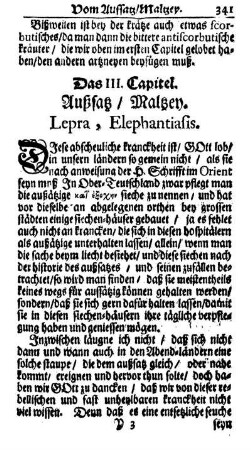 Das III. Capitel. Außsatz/ Maltzey. Lepra, Elephantiasis.