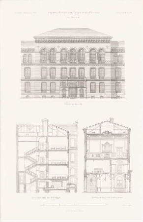Augusta-Schule nebst Lehrerinnenseminar, Berlin: Vorderansicht, Querschnitte Vordergebäude, Seitengebäude (aus: Atlas zur Zeitschrift für Bauwesen, hrsg. v. F. Endell, Jg. 37, 1887)