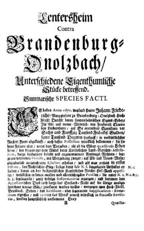 Lentersheim contra Brandenburg Onolzbach, Unterschiedene Eigenthumliche Stücke betreffend