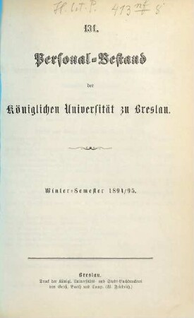 Personal-Bestand der Königlichen Universität zu Breslau. 131. 1894/95, WS