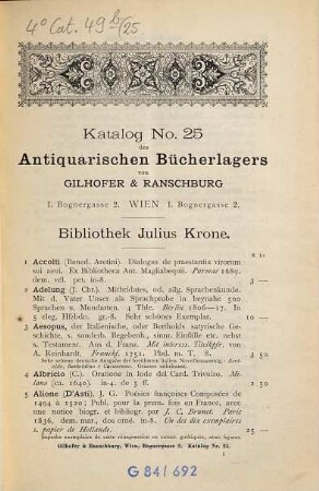 Antiquariats-Kataloge : Katalog ... des Antiquarischen Bücherlagers von Gilhofer & Ranschburg, Buchhandlung und Antiquariat, 25
