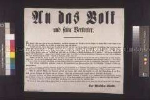 Maueranschlag: An das Volk und seine Vertreter. Der Club der Menschenfreunde wendet sich gegen die Ziele des Antrags Stein und gibt die Übernahme des Oberkommandos in den Marken durch General v. Wrangel bekannt; Berlin, 21. September 1848