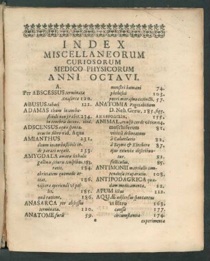 Index Miscellaneorum Curiosorum Medico-Physicorum Anni Octavi.