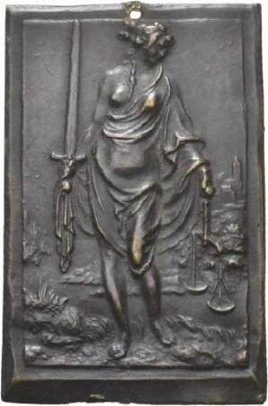 Bronzeplakette mit Darstellung der Justitia