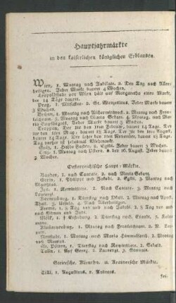 Hauptjahrmärkte in den kaiserlichen königlichen Erblanden
