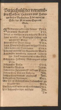 Verzeichnüß der vornembsten Sachen/ Historien und Fabulen dieses Buchs ...