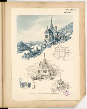 Weinberghäuschen an der Mosel Monatskonkurrenz Februar 1889: Grundriss, 2 Aufrisse, Längsschnitt, perspektivische Ansicht; Maßstabsleiste