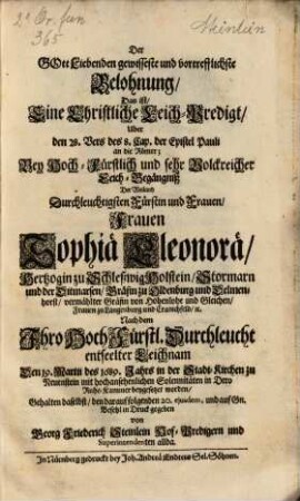 Christliche Leichpredigt auf Sophia Eleonora, Herzogin zu Schleßwig-Holstein