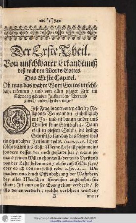 Der Erste Theil. Von unfehlbarer Erkandtnuß deß wahren Worts Gottes.