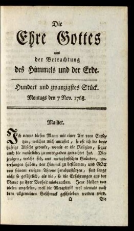 Hundert und zwanzigstes Stück. Montags den 7 Nov. 1768