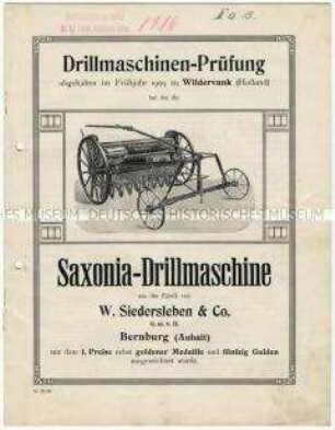 Prüfungsbericht über die Saxonia-Drillmaschine