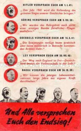 Illustriertes britisches Abwurf-Flugblatt mit Zitaten von Nazi-Politikern über den "Endsieg"