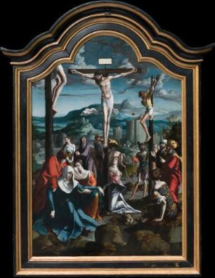 Triptychon mit der Kreuzigung Christi, Heiligen und Stifterfamilie. Mitteltafel: Kreuzigung Christi