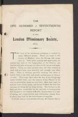 The one hundred and seventeenth report of the London missionary society, 1912