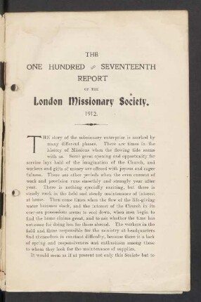 The one hundred and seventeenth report of the London missionary society, 1912