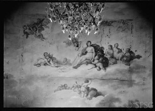 Potsdam, Park Sanssouci, Neues Palais, Oberes Vestibül, R. 254, Deckengemälde von Frisch "Venus und die drei Grazien", vor der Restaurierung Juni 1967.