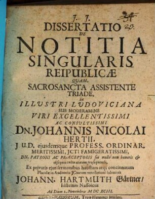 Dissertatio De Notitia Singularis Reipublicae
