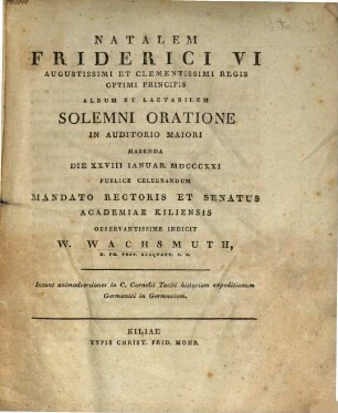 Animadversiones in C. Cornelii Taciti historiam expeditionum Germanici in Germaniam : [Gratulationsschrift]