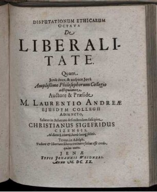 Disputationum Ethicarum Octava De Liberalitate [...]