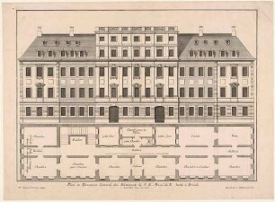 Dresden, Aufriss der Hauptfassade und Grundriss des ersten Palais Kötteritz (Werthern) an der Stelle des späteren neuen Gewandhauses am östlichen Ende der Kreuzgasse (nach 1700 erbaut, 1711 abgebrannt)
