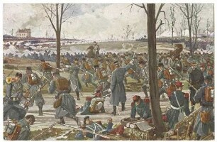 Das kgl. württ. Jägerbataillon Nr. 2 und Kompanien des kgl. württ. Infanterie-Regiments Nr. 1 und 5 überrennen am 30. November 1870 beim Jägerhof die Linien des franz. Regiment Bendee
