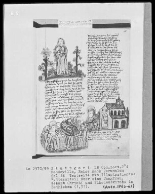 Jean de Mandeville, Reise nach Jerusalem — Textseite mit drei Illustrationen, Folio 18recto