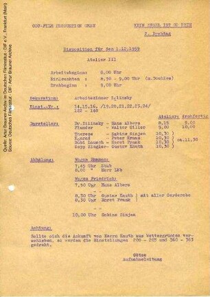 Tagesdisposition für den 01.12.1959