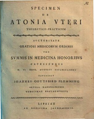 Specimen De Atonia Uteri Theoretico-Practicum