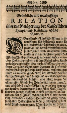 Warhaffte und Gründliche Relation über die den 14. Juli 1683 angefangene, den 12. Sept. aber glücklich aufgehebte Belagerung der Residenz Statt Wien