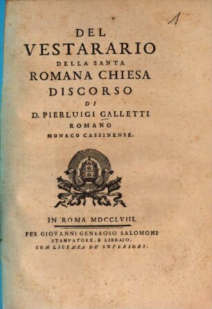Del Vestarario Della Santa Romana Chiesa : Discorso