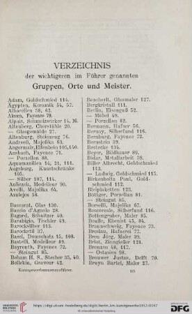 Verzeichnis der wichtigeren im Führer genannten Gruppen, Orte und Meister