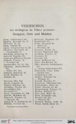 Verzeichnis der wichtigeren im Führer genannten Gruppen, Orte und Meister