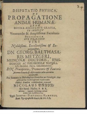 Disputatio Physica, De Propagatione Animae Humanae