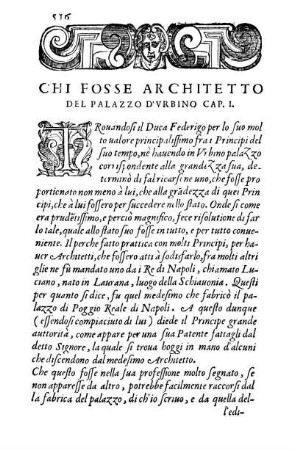 Chi Fosse Architetto Del Palazzo D'Vrbino Cap. I.