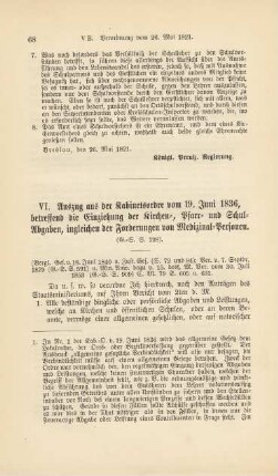 VI. Auszug aus der Kabinetsordre vom 19. Juni 1836, betreffend die Einziehung der Kirchen-, Pfarr- und Schul-Abgaben, ingleichen der Forderungen von Medizinal-Personen