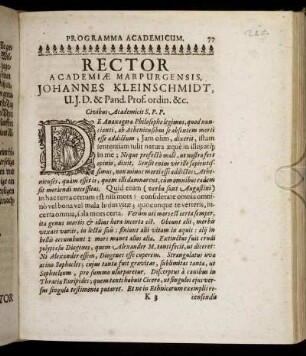 Rector Academiæ Marpurgensis, Johannes Kleinschmidt [...]